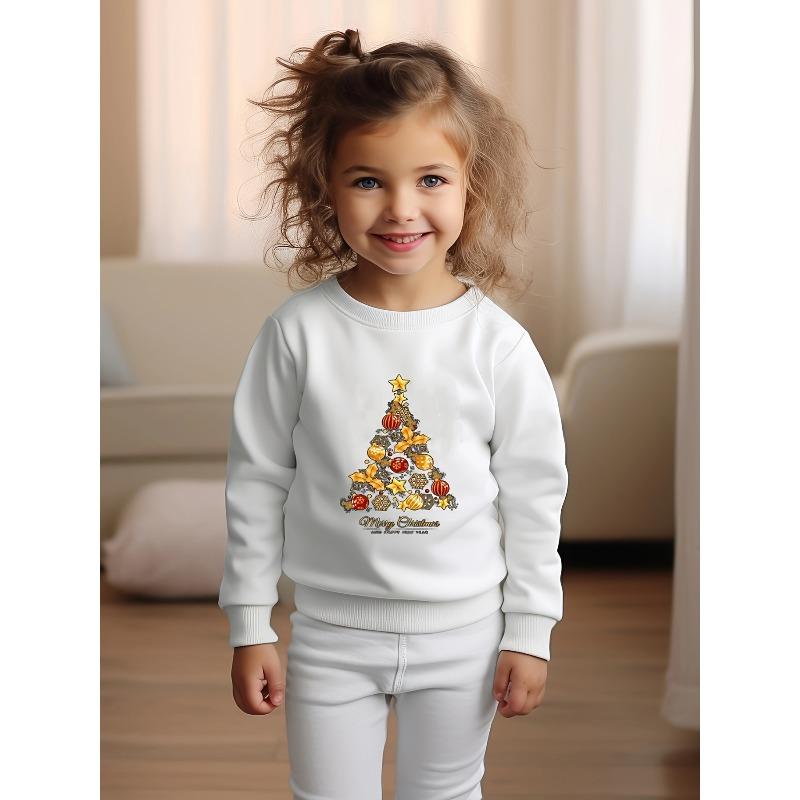 European sizes Kids  Christmas Tree Graphic Long Sleeve Crew Neck Sweatshirt Pullover Spring Fall Sports Gift, Perfect for Thanksgiving 110 белый