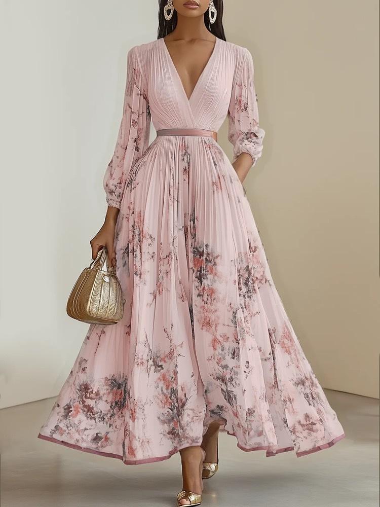 Women's Floral Print V-Neck Long Sleeve Maxi Dress with Belt, Elegant Ruffled Hem A-Line Dress