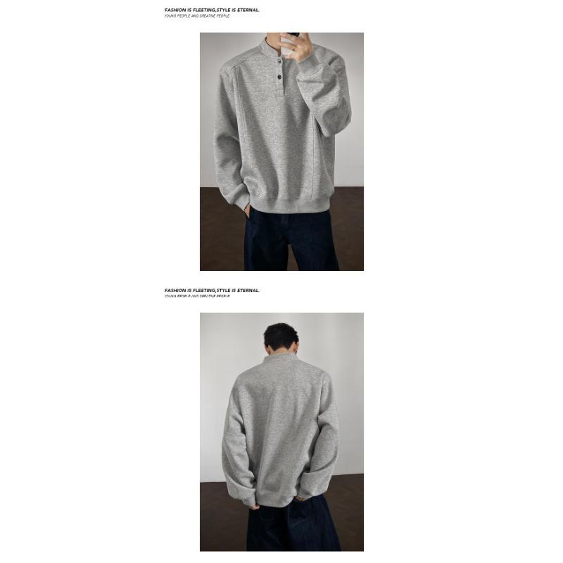 Mens Henry Collar Heavy Cotton Casual Pullover Sweatshirt Daily Wear Top
