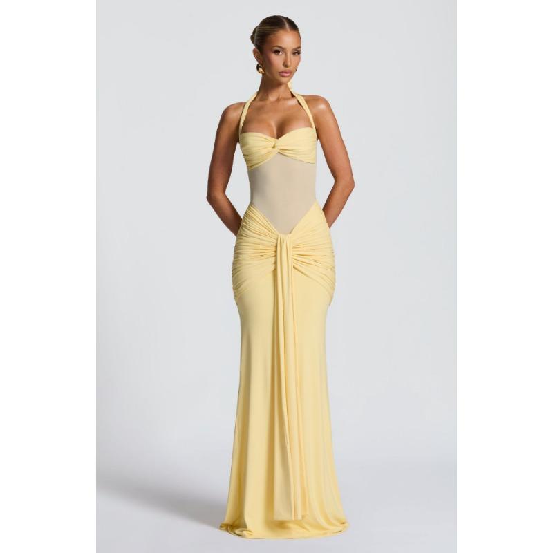 European Style High Waist Solid Color Mesh Fishtail Slim Bodycon Women Sling Long Dress