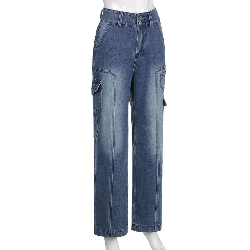 Tasche Jeans larghi impunturate Moda Streetwear Pantaloni in denim da donna Pantaloni cargo larghi Jeans coreani Pantaloni dritti Harajuku