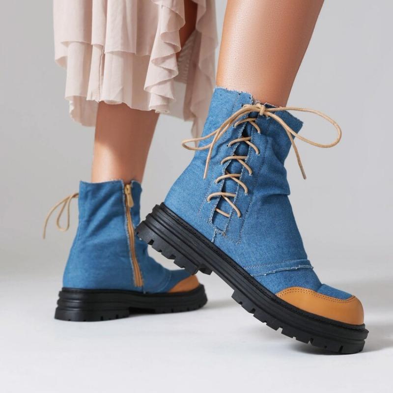 2024 Podzimní Ležérní Džínové Kotníkové Boty s Křížovým Páskem Dámské Splicing Boční Zip Silná Podrážka Střední Podpatek Silná Podrážka Ležérní Dámské Boty