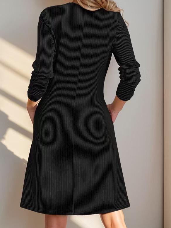 Cross-Border Casual V-Neck Ribbed Dress - Women's Long-Sleeved Autumn/Winter Fashion