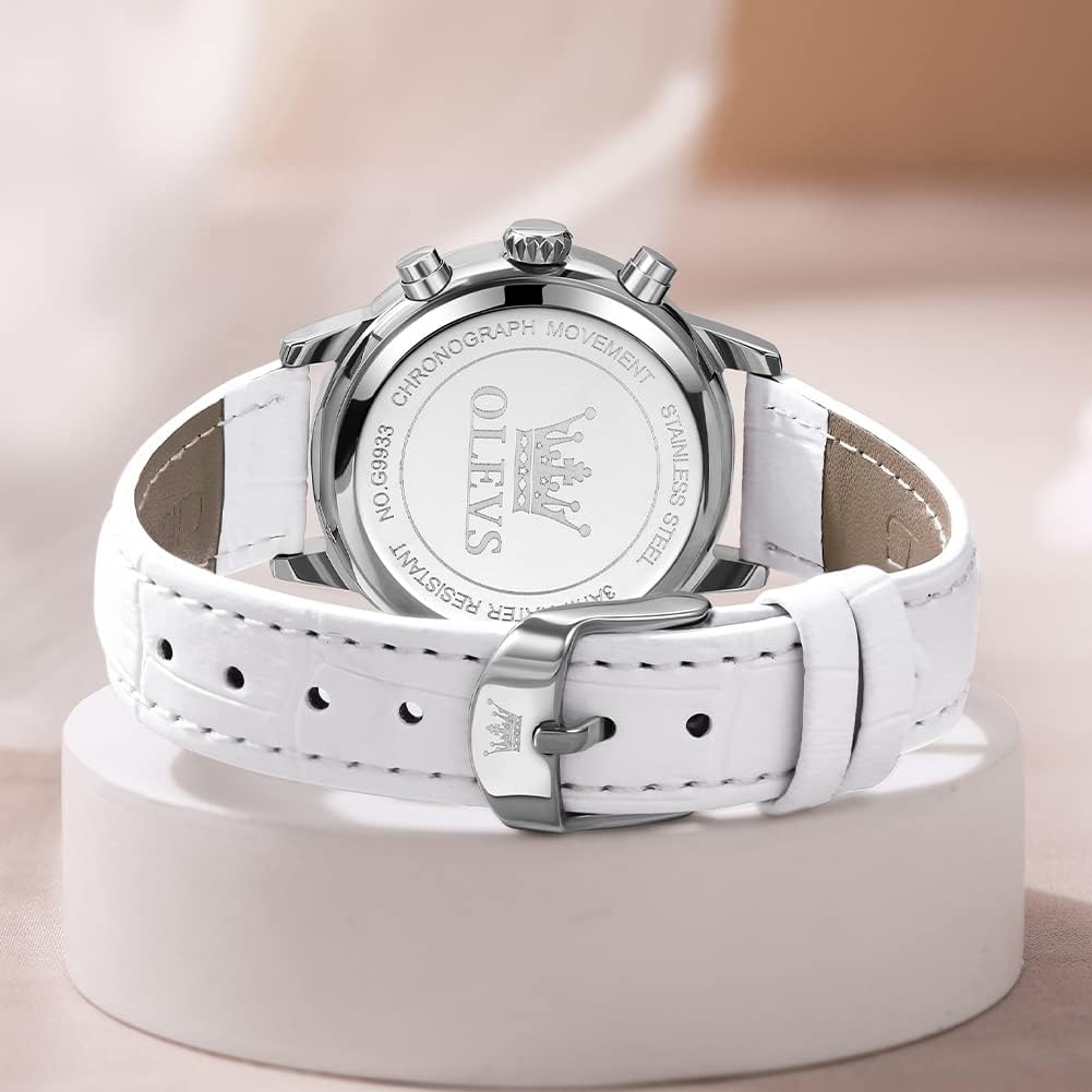 OLEVS Popular Leather Strap Quartz Watch with Bracelet Date Luminous Perfect Gift for Her Women's Set, Lightweight, Thin, Waterproof, Display, White,