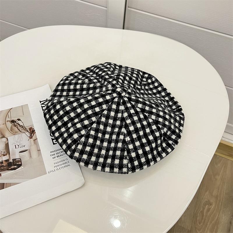 Pastoral Fine Checkerboard Woolen Octagonal Hat Lady Autumn and Winter Face Small Clouds Beret Painter Hat