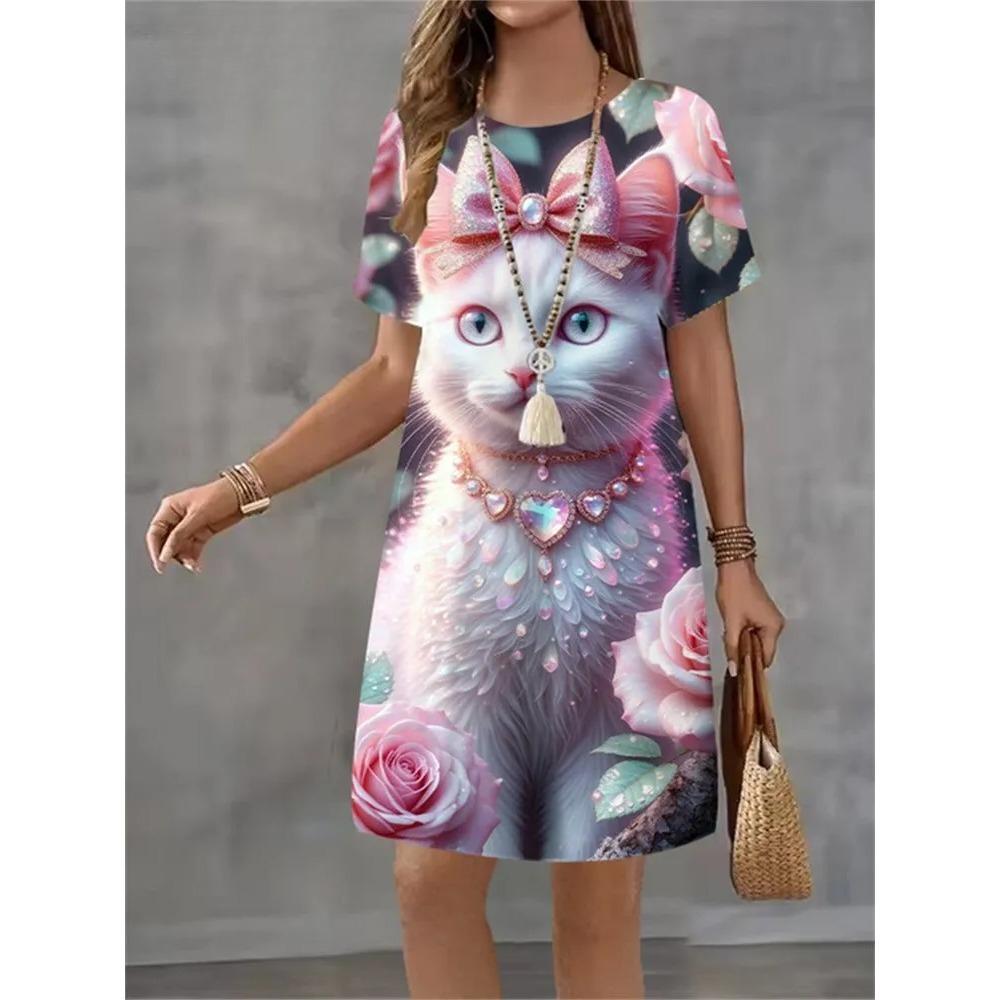 

Cute Animal 3D Printed Ladies Elegant Casual Short Sleeve Dresses Fashion Plus Size Comfortable Soft Breathable Women Mini Dress S