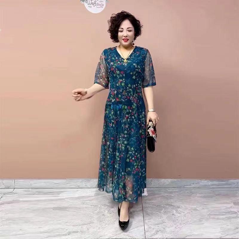 High-End Summer Women's Floral Dress   V-Neck Stretch Plus Size Dress   Slim Fit Long Dress