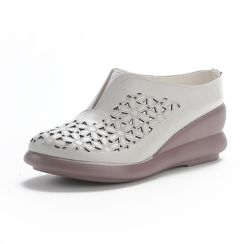 The First Layer of Cowhide Muffin Sole Heightening Women's Shoes Casual Leather Hollow Women's Slippers Breathable and Comfortable Hole Shoes