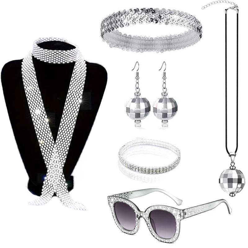 70s Disco Lady Accessory Set: Sequin Headband, Sunglasses, Necklace, Earrings, Scarf One Size