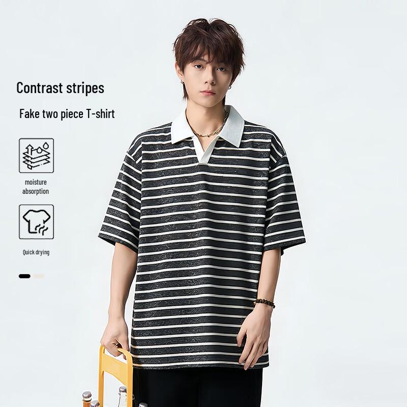 MEDE Men s Striped Breathable Loose-Fit Polo T-Shirt 3XL