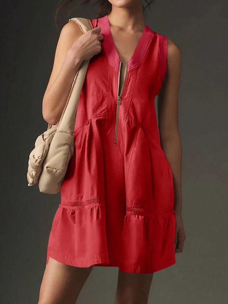 Womens Sleeveless Half Zip Tank Mini Dress Loose Fit Utility Pocket Dress