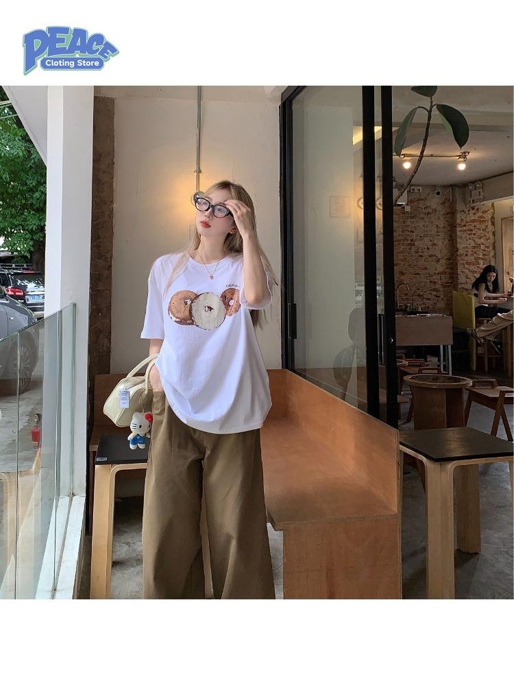 Cute Donut Printed T-shirt for Men and Women Fashion Pure Cotton T-shirt Summer Comfy Commute Short Sleeve Top 90s Graphic Tee