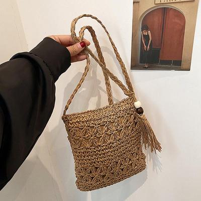 Püsküllü Boho Oyuk Örgü Hasır Kadın Plaj Omuz Postacı Çantası El Çantası