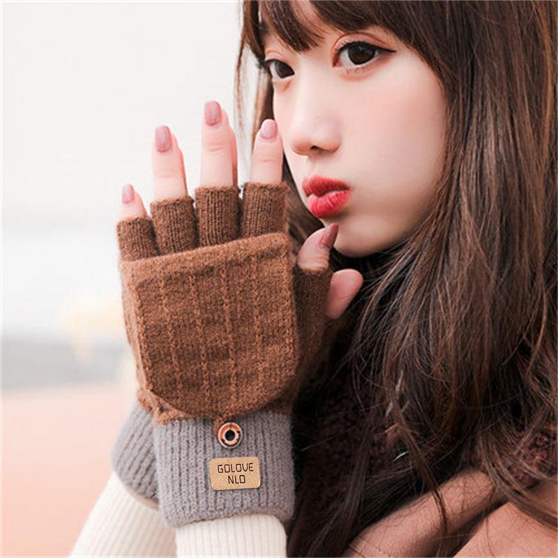 Half finger flip gloves winter ladies cute fleece cold-proof warm wool knitted autumn and winter dew fingers
