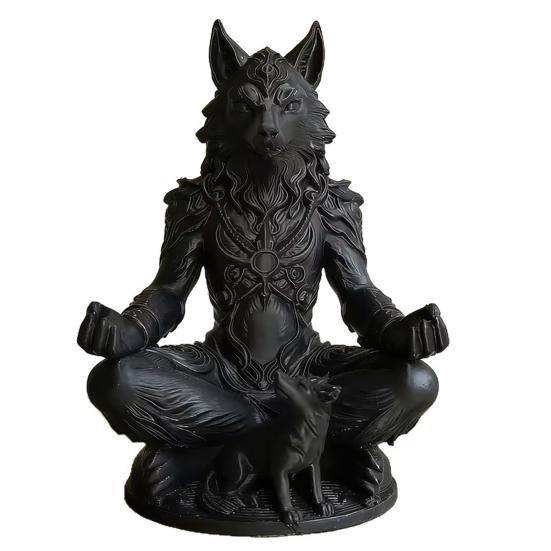 Yousheng 3D Printed Gothic Werewolf Meditation Statue, Zen Beast Warrior Sculpture with Round Base, Matte Black Fantasy Desk Decor, Unique Gift for