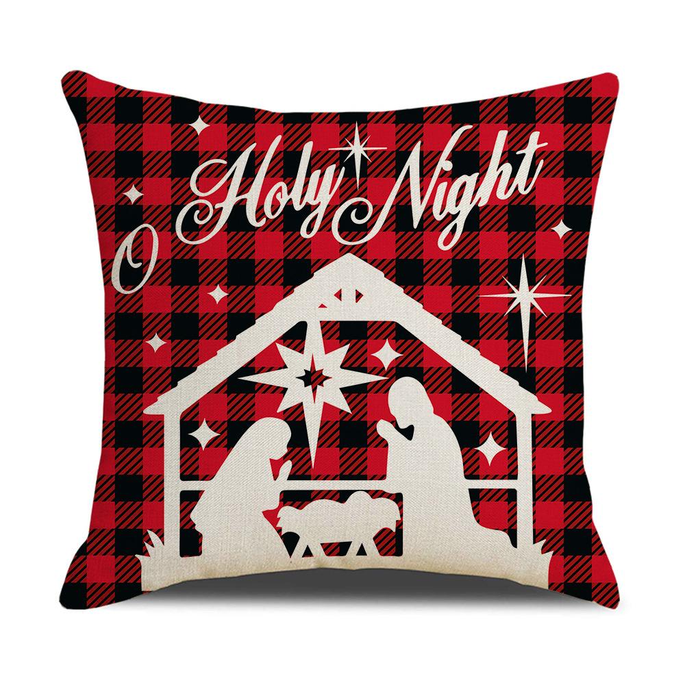 Red and Black Plaid Christmas Pillow Cover Cartoon Print Linen Sofa Cushion Cover Pillow