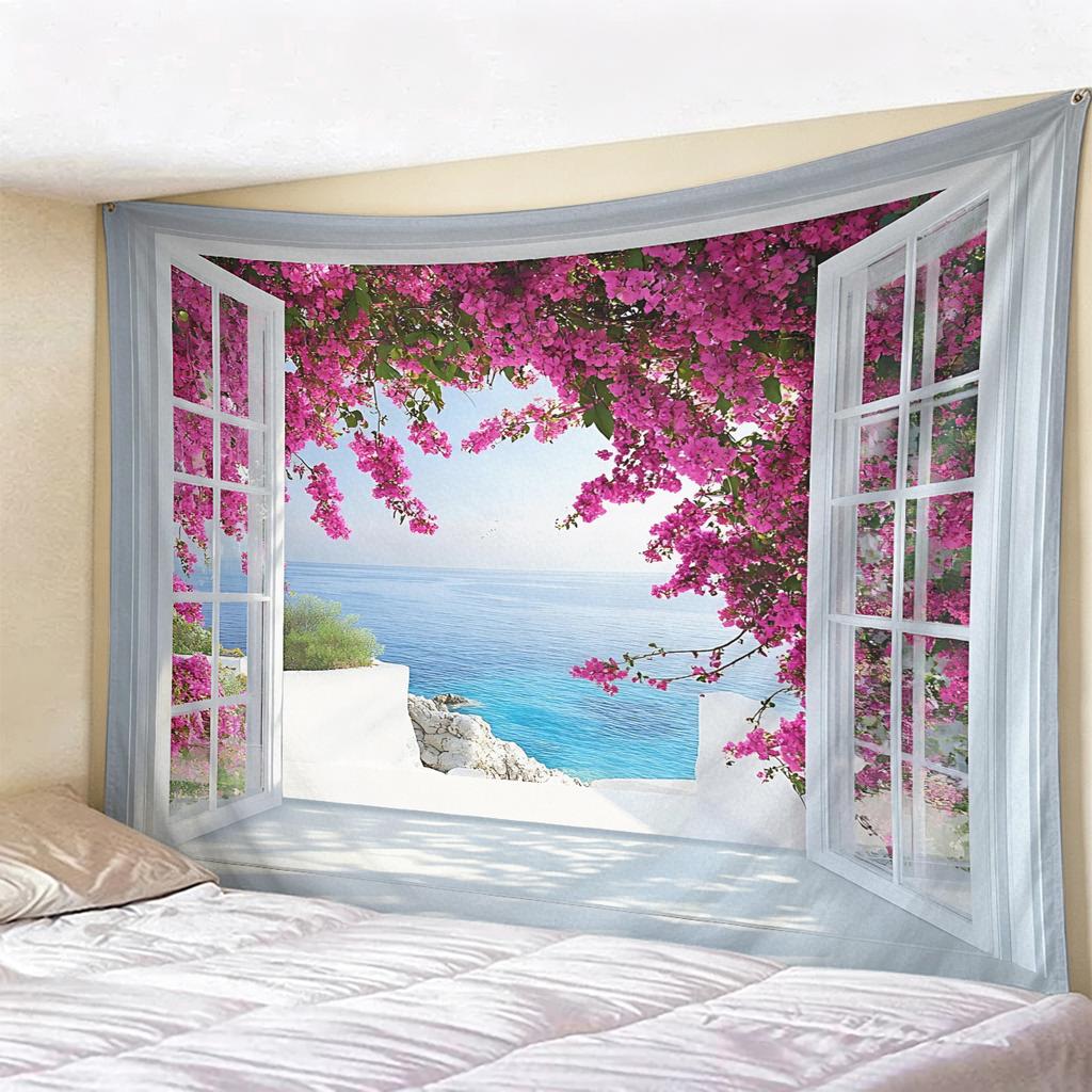 Window View Tapestry Wall Hanging, Scenic Nature Landscape Backdrop, Artificial Window Wall Decor for Bedroom Living Room