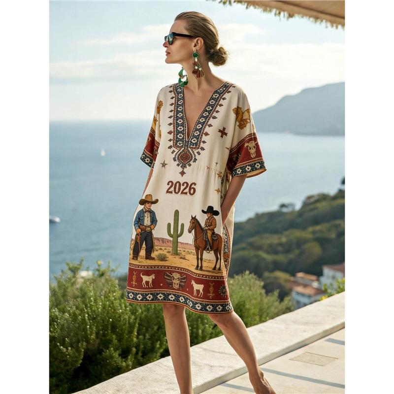 26 New European and American Bohemian large-size women's clothing casual loose 3D printed dress robe