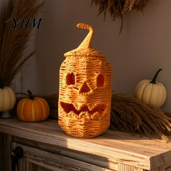 Dekorativer Aufbewahrungskorb für den Herbst, handgewebte Kürbislaterne, Vintage rustikale Halloween-Dekoration, hohles Lächeln, mehrstufige Party-Zubehörteile