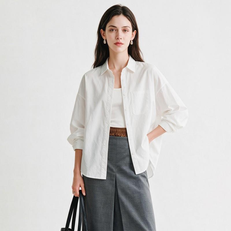Womens Long Sleeve Cotton Shirt 2026 Loose Fit POLO Collar Minimalist Office Wear Pure Color