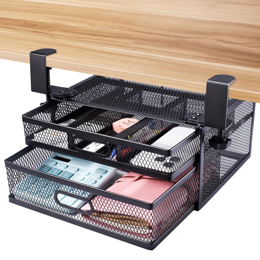 Drawer Storage Steel Design with Stationery Tabletop Small Office Remote Large Fits Easy Installation No-Drilling & Two-Tier Under-Desk Rack,