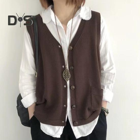 Women Knitting Vest V-Neck Sleeveless Single Breasted Warm Waistcoat Solid Color Loose Fit Knitted Tank Tops with Pockets