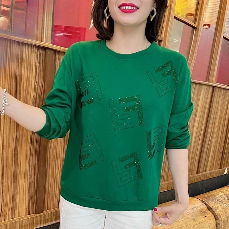 Spring and Autumn New Mom Dress Crew Neck Printed Bottom Shirt Long Sleeve Sweater Women's T-Shirt Women's Top