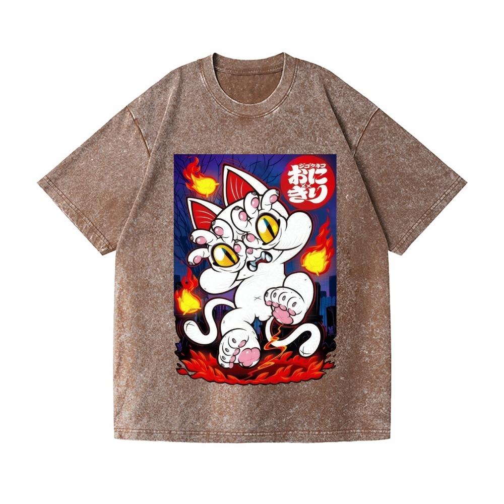 Men's Fashion Washed Acid T-shirts Casual Loose Hell Cat Vintage Wash Japanese Design Tees Holiday Sports Unisex Tunics