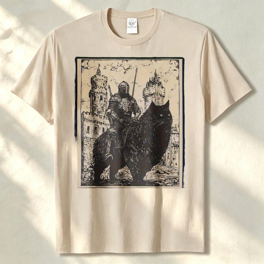 Vintage Medieval Knight Riding Giant Wolf Castle Retro Distressed Graphic T Shirt Unisex Cotton Tee Dark Fantasy Gothic Casual