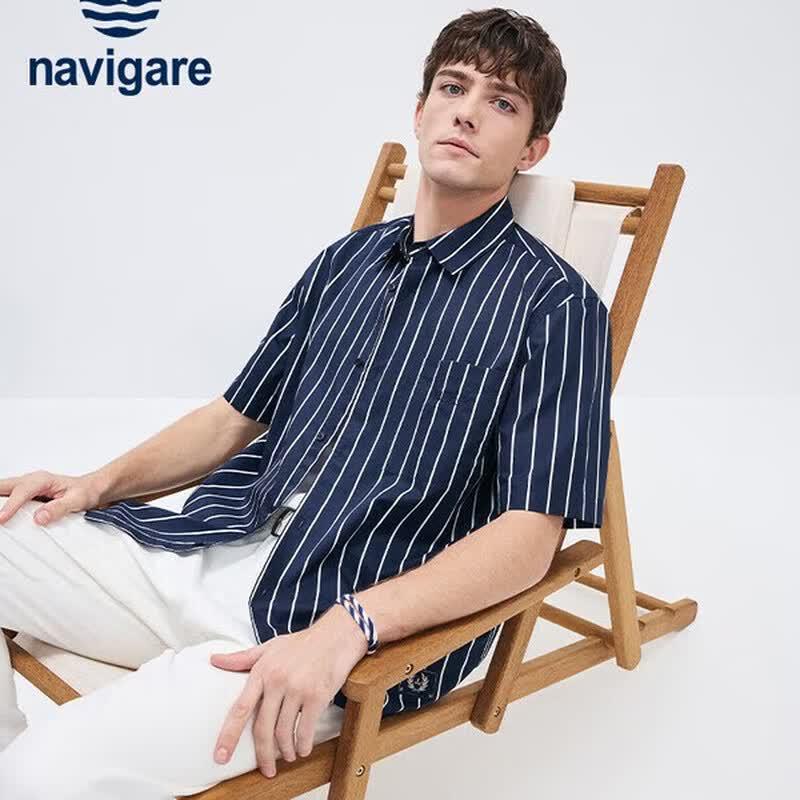Navigare Men's Cotton Striped Short Sleeve Shirt