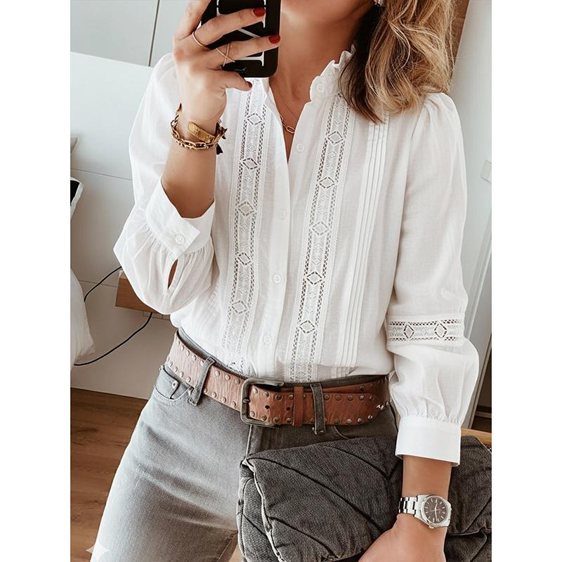 Spring Autumn New Elegant Artistic Style Lace Splicing Stand Up Collar Long Sleeve White Shirt For Women Blusas Femininas