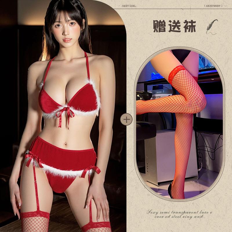 Sexy lingerie sexy christmas red gift seduction plush butterfly three-point garter