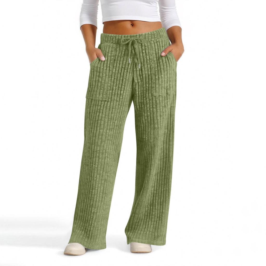 Women's Wide Leg Lounge Pants with Drawstring Waist, Soft Ribbed Knit Casual Relaxed Fit Trousers with Pockets