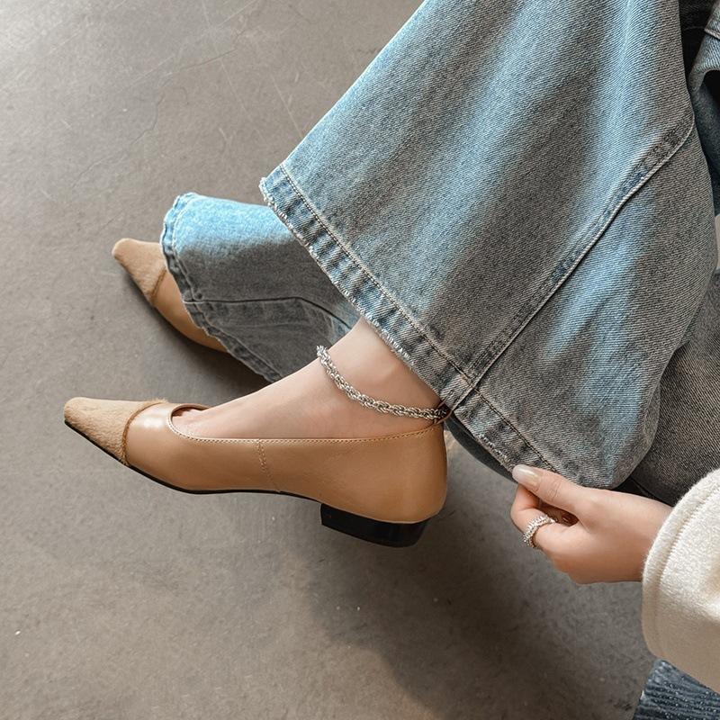 New solid color leather single shoes, four seasons women's fashion single shoes, pointed non-slip beef tendon sole, large size low heel small le