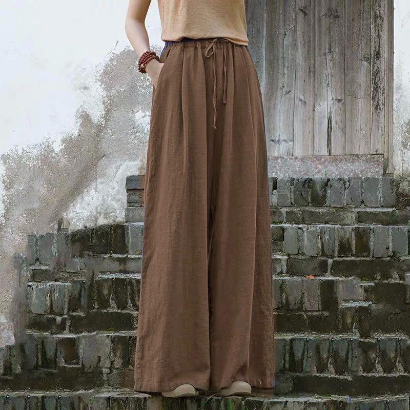 

Women s Cotton Linen Wide-Leg High Waist Yamamoto Style Pants - Coffee Color, Spring/Summer Collection, Tall Person Fit XL коричневый