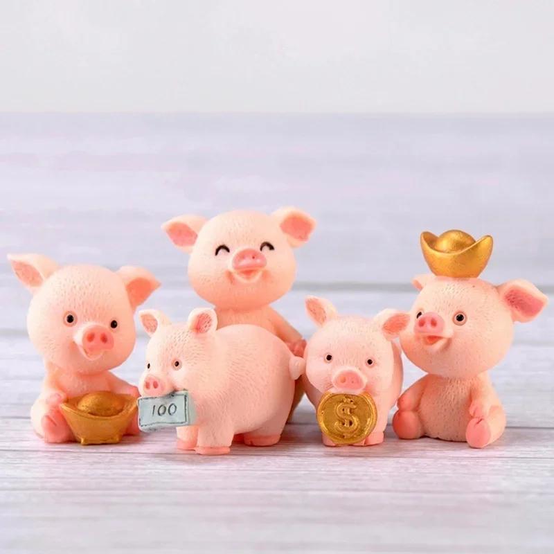 5 PCS Micro Pig Family Figurine Resin Ornaments Miniature Model Mini Animal Statue Bonsai Decoration Garden Home Decor
