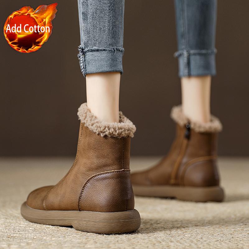 Fashion Leather Waterproof Plush Round Toe Snow Boots for Women Trend 2025 Designer Luxury Woman Shoes Winter Novelty Non Slip Booties