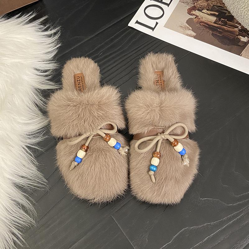

Korean version of thick-soled fluffy slippers women s outer wear 2025 autumn and winter new one-word cotton slippers fashion beaded slippers 40 хаки