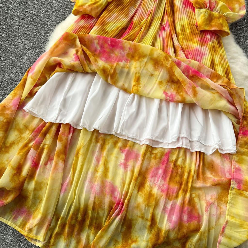 French Vintage Print Chiffon Dress Women Bow Lace-up Lantern Sleeve Elegant Loose Casual Evening Holiday Dresses