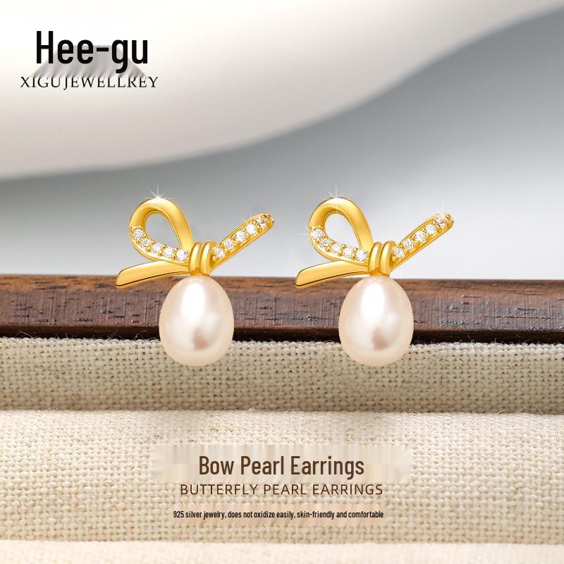 S925 Silver Bowknot Pearl Stud Earrings - Elegant and High-End Women s Jewelry Bowknot Pearl Stud Earrings золотой
