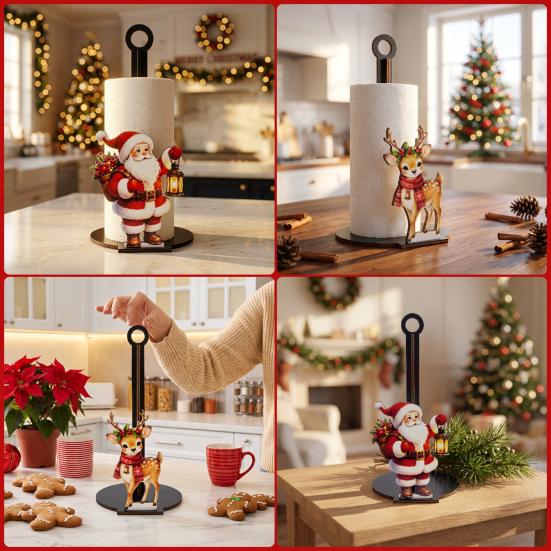 Rustic Winter Home Accessories Christmas Wooden Paper Towel Holder, Decorative Vertical Roll Dispenser, Gift for Stable Weighted Base Organizer