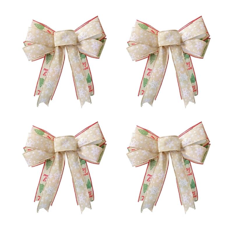 Double Layer Christmas Bowknot Decoration Set of 4 Soft Fabric Ribbon Ornaments with Stitched Center for Seasonal Home Styling