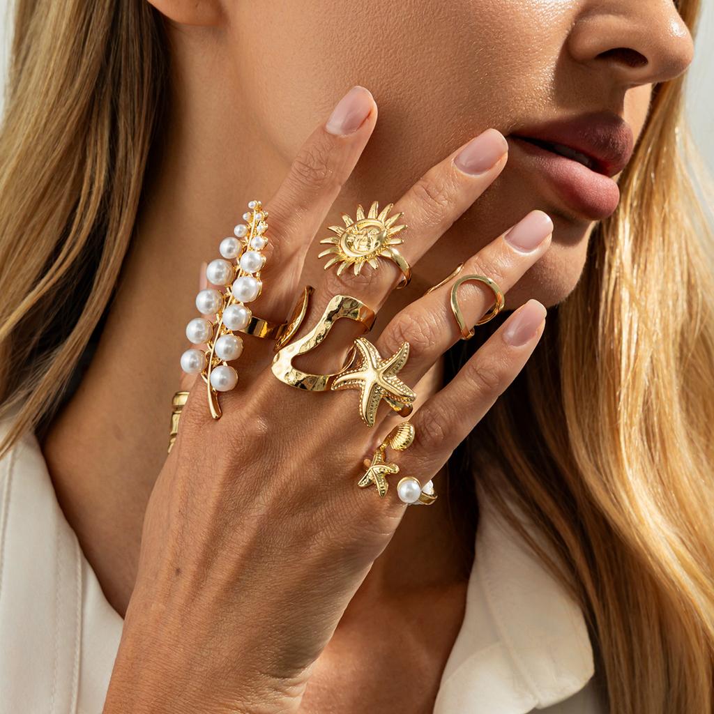 7pcs Vintage Exaggerated Metal Flower Starfish Pearl Rings for Women Fashion Aesthetic Beach Style Gold Color Vacation Jewelry