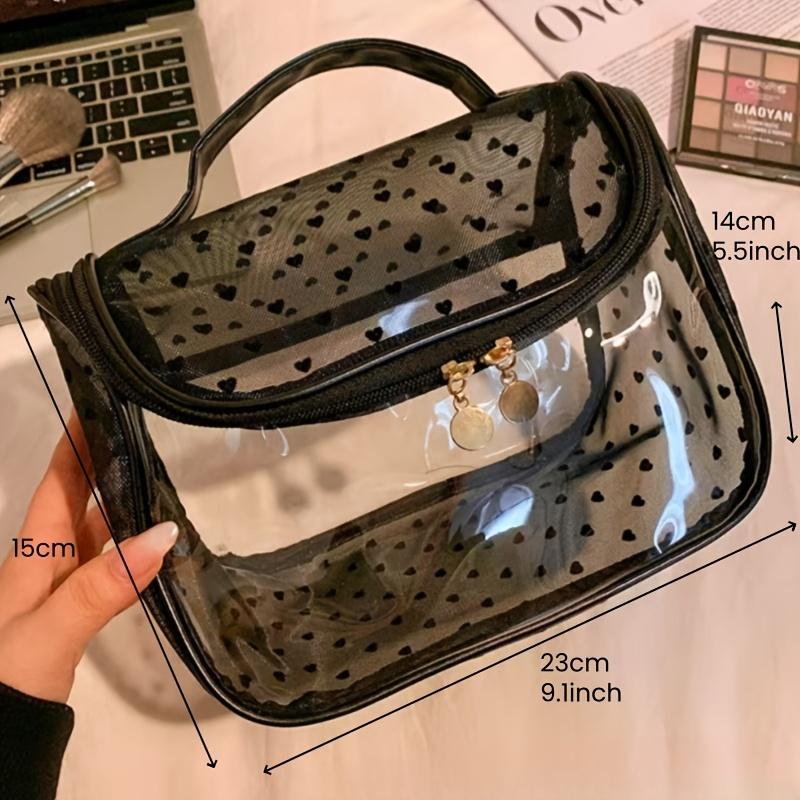 1pc Large Capacity Heart Mesh Makeup Bag Frosted Transparent Cosmetic Toiletry Organizer Travel Pouch for Office Home or Daily