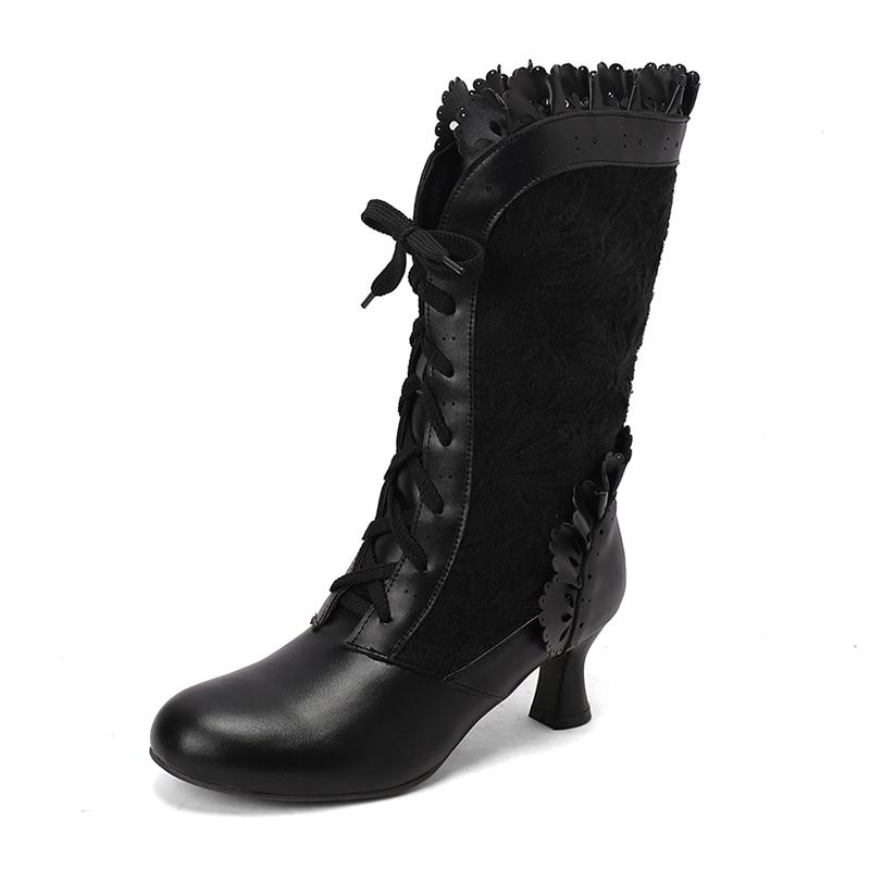 Women Sexy Lace Up Mid-Calf Heel Boots Vintage Gothic Lace High Heel Boots Victorian Steampunk Cosplay Autumn Boots Shoes 34-48