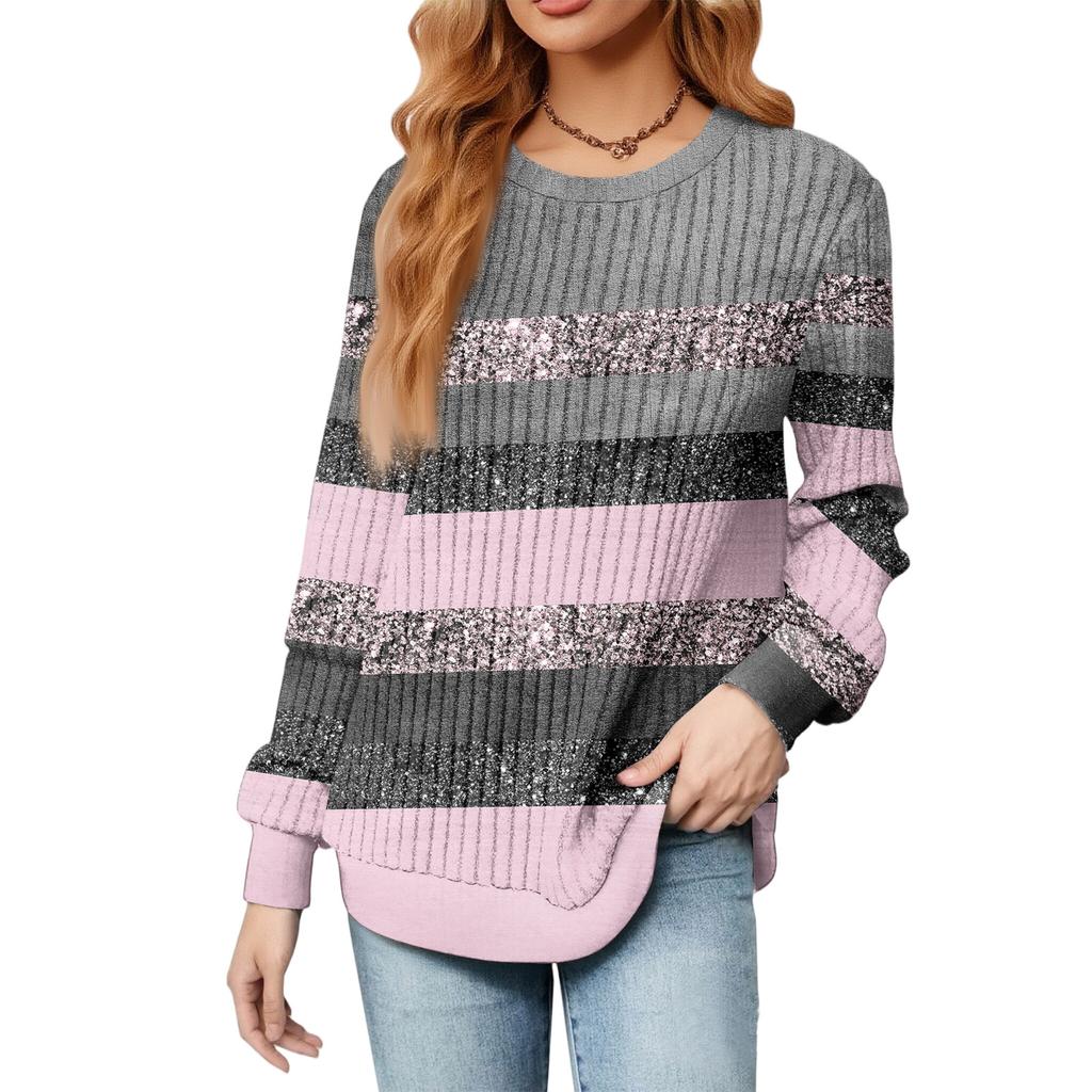 Fashionable Women's Long Sleeved Striped Printed Lightweight Sweater With Loose Round Neck Top