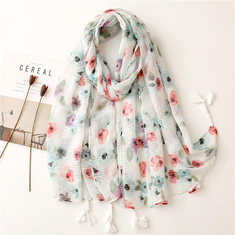 Luxury Fashion Women Viscose Scarf Ink Painting Floral Tassel Hijab Shawls and Wraps Female Foulard Echarpe Muslim Sjaal