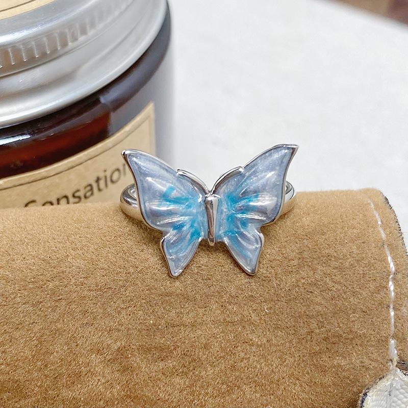 Маленькое Свежее и Высокоценное Открытое Кольцо с Эмалью Бабочка Ледяно-Голубого Цвета Нишевое Легкое Роскошное Высококлассное Темпераментное Кольцо для Наслоения Женское Adjustable opening