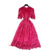 French high-end hollow crochet lace short-sleeved dress for women's summer waist and thin temperament a-word dress skirt