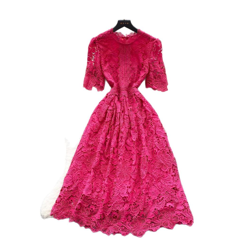 French high-end hollow crochet lace short-sleeved dress for women's summer waist and thin temperament a-word dress skirt